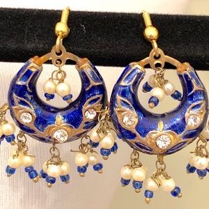 Blue and Pearl Indian Dangle Earrings